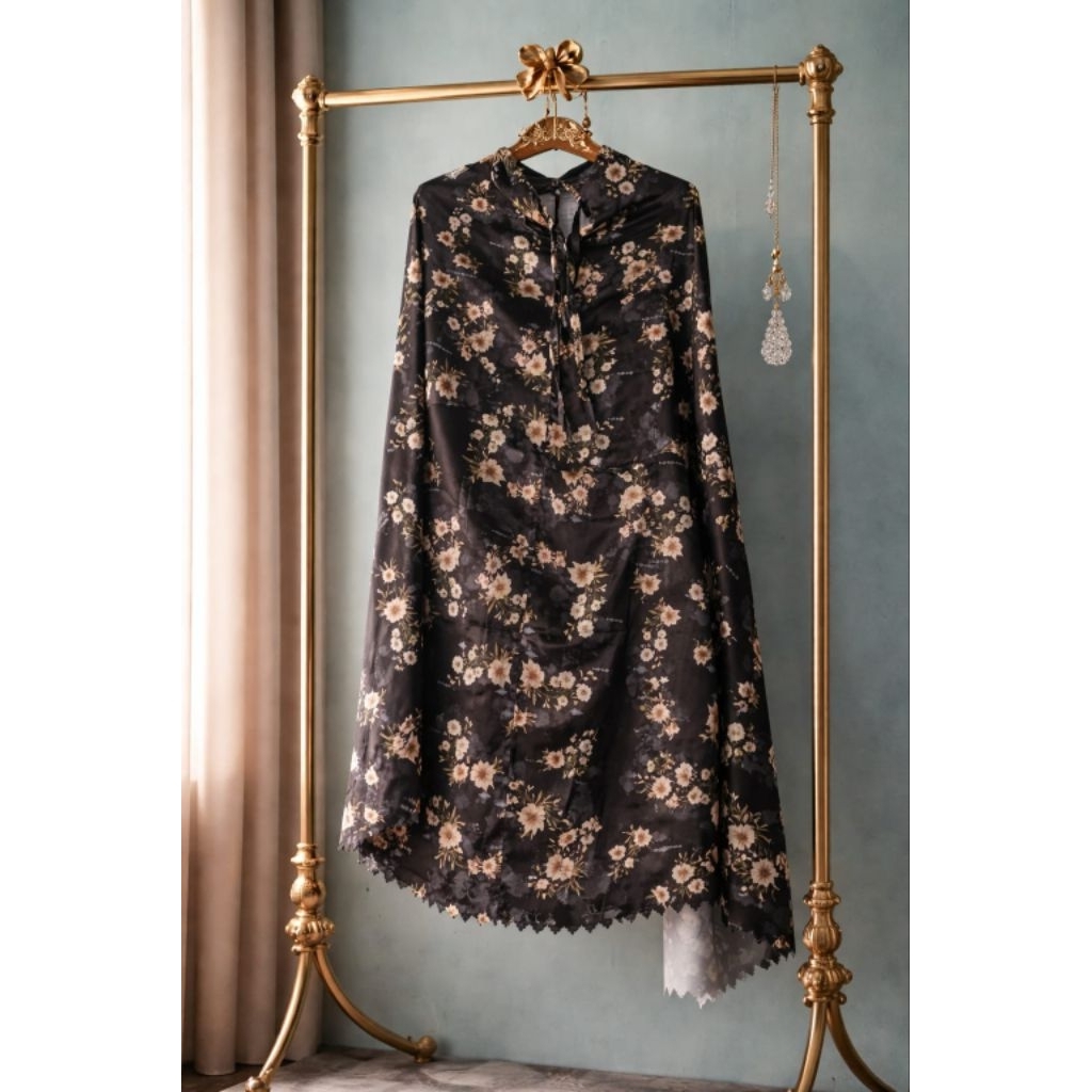 Mukena Armani Silk Motif Bunga Hitam Elegant By Keenan Fashion Cikarang (REALPICT)