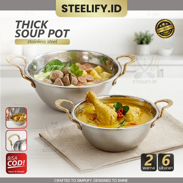 Panci Sup Stainless Steel Tebal Korea - Panci Masak Serbaguna Mie,Soup,Ramen,Saus Gagang Emas Mewah 