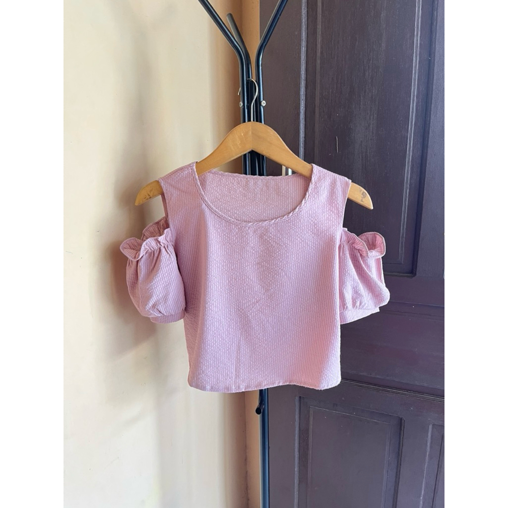 blouse off shoulder baju atasan top wanita murah cantik korean style crop pink off shoulder