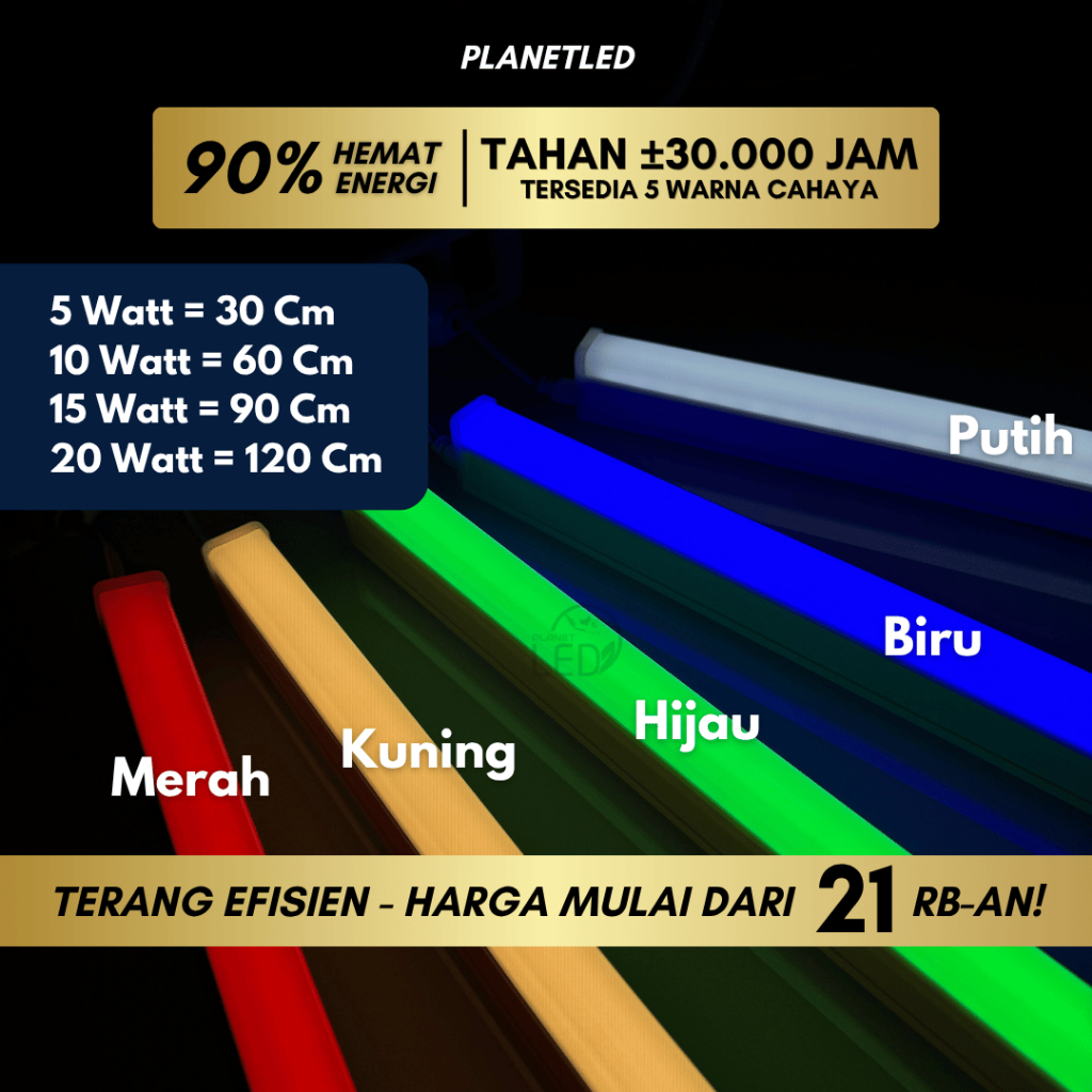 Lampu TL5 Neon T5 LED 5/10/15/20 Watt Tube Warna Warni 30 cm / 60 cm / 90 cm / 120 cm