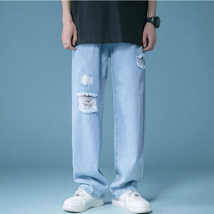 Jeans Sobek Straight Celana Jeans Sobek Straight Pria Biru Muda Celana Denim Longgar Streetwear Unis