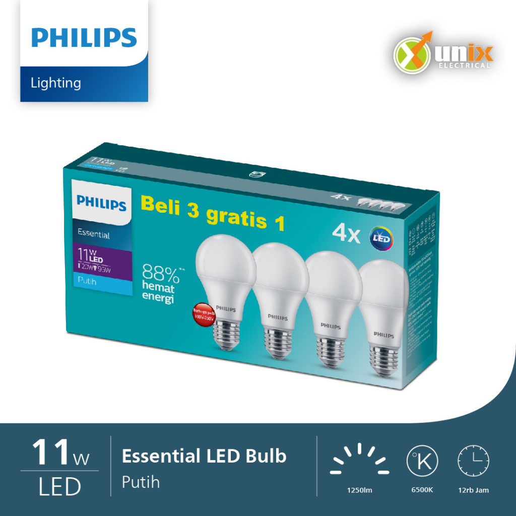 PHILIPS Lampu LED Bulb Essensial 11 Watt (Paket 3+1)