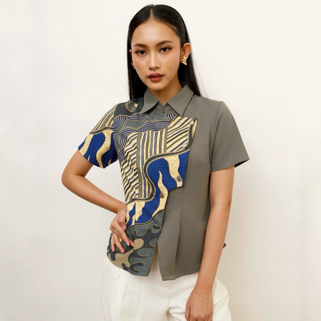 Melvee Batik - Narcissa Top - Atasan Kemeja Batik Top Modern Lengan Pendek Wanita Hijau Army Kantor 