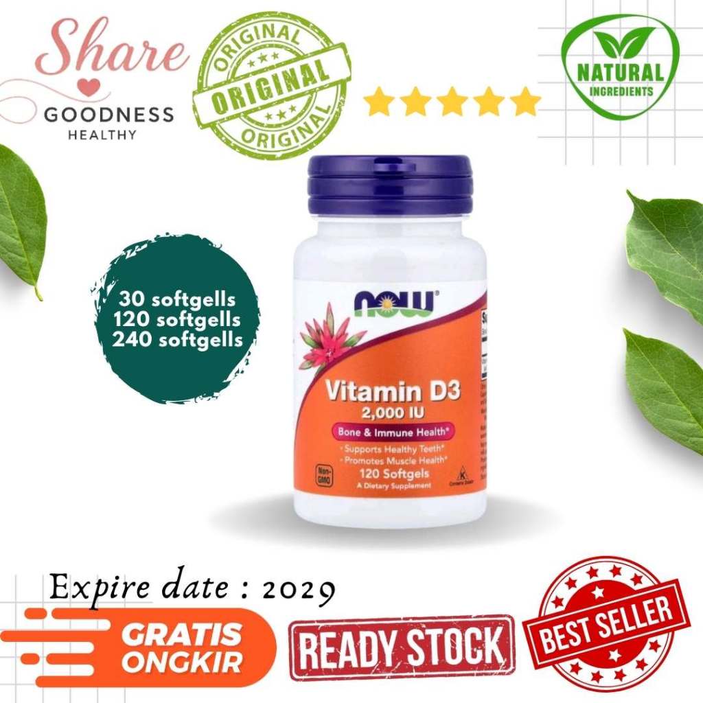 NOW Foods Food Vitamin D-3 D3 / 2,000 IU 2000IU 2000 IU / Softgels Vitamin Tulang
