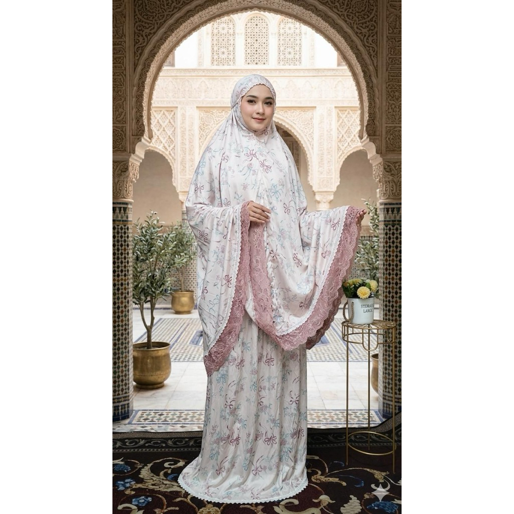 YN - Mukena 2in1 Jumbo Armania Silk Motif Premium Mukena Wanita Elegan Adem Renda Zipper Mukena Trav