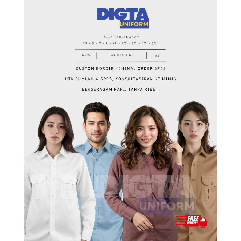 SERAGAM CUSTOM BORDIR Warna Putih, Biru muda, Salem/ Mauve, Coklat Muda - Kemeja Polos Pria dan Wani