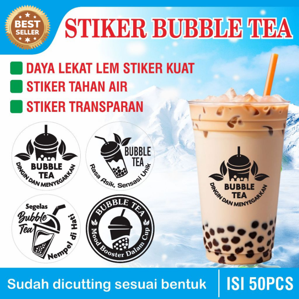 MJP Stiker Bubble Tea Cup 50pcs | Sticker Minuman Boba Waterproof Transparan Usaha Minuman