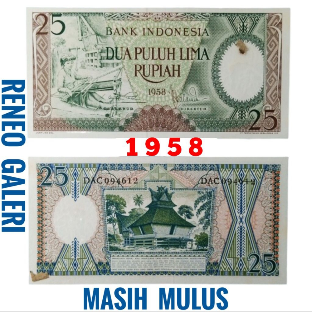 Mulus asli 25 Rp 1958 seri Pekerja tangan tahun Rupiah uang kertas Kuno duit jadul lawas lama origin