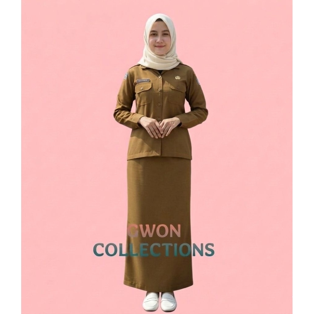 SETELAN SERAGAM WANITA ROK SPAN LIPIT DINAS PEMDA WARNA KHAKI TUA BAHAN TOYOBO FODU