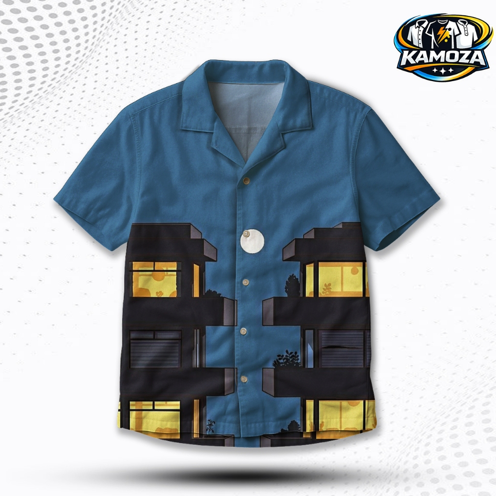 KAMOZA Kemeja Printing Motif Gedung Perkotaan Malam Night Black Gold Paisley Heritage Vintage Aestet