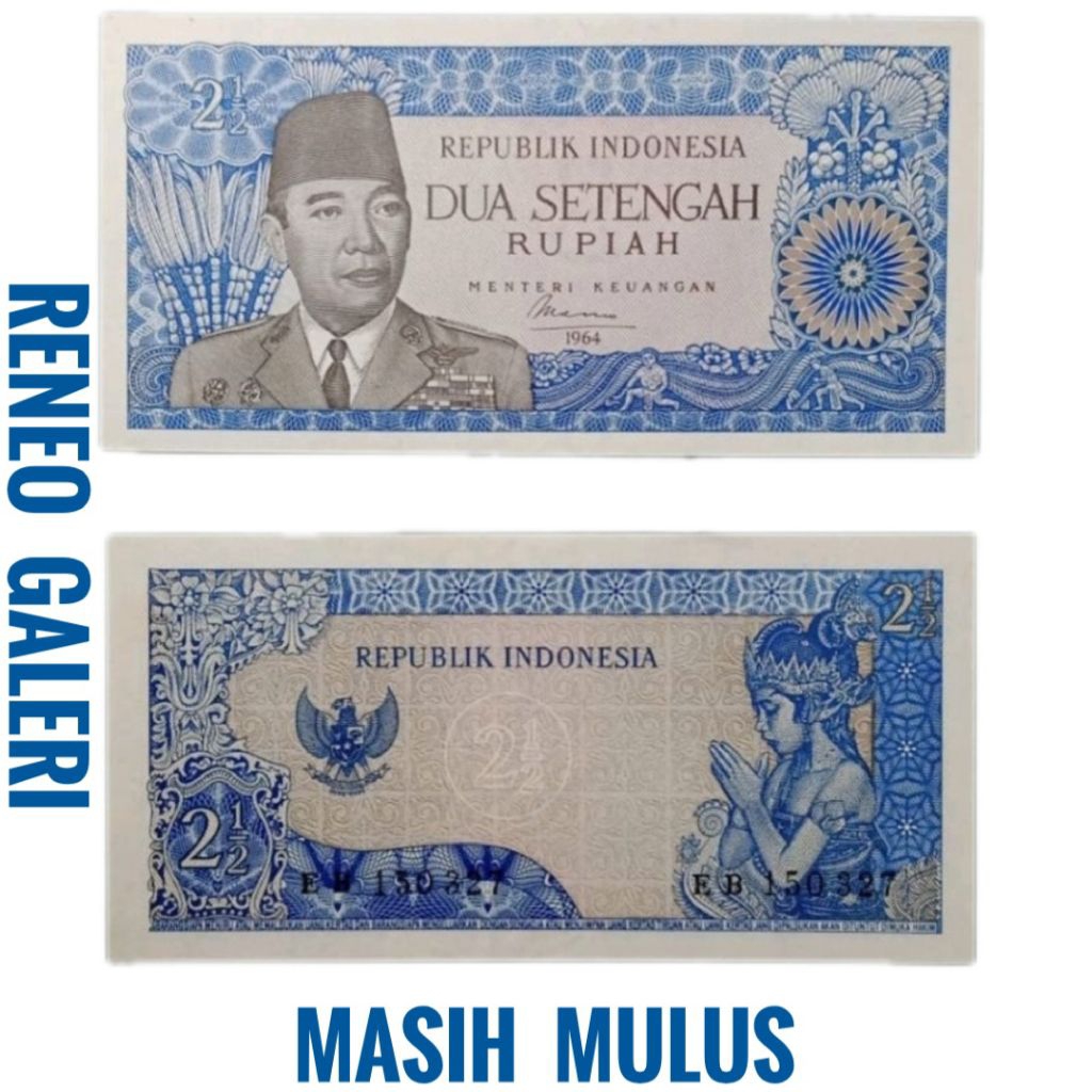 Mulus Asli 2½ Rupiah Seri Sukarno Tahun 1964 2,5 1/2 Soekarno uang kertas kuno Rp duit jadul lawas l