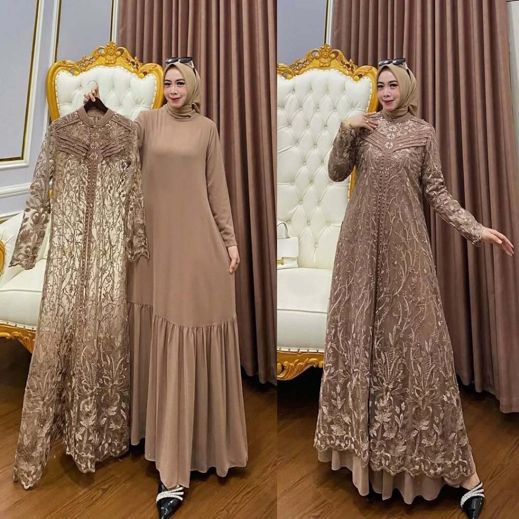Baju Gamis Set Outer Brukat Model Terbaru Zallia Dress BL Bahan Ceruty Babydoll Aplikasi Payet Dress