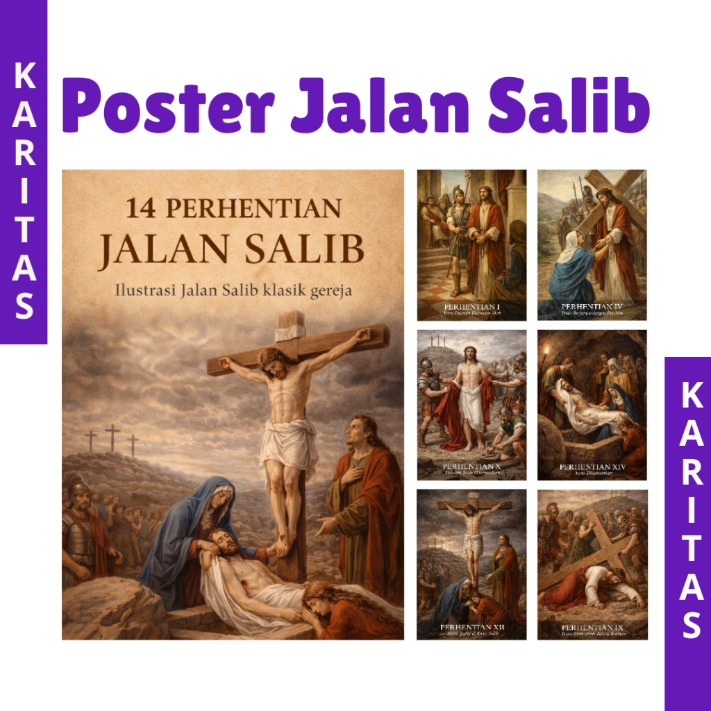 POSTER JALAN SALIB - 14 LEMBAR / GAMBAR 14 PERHENTIAN JALAN SALIB