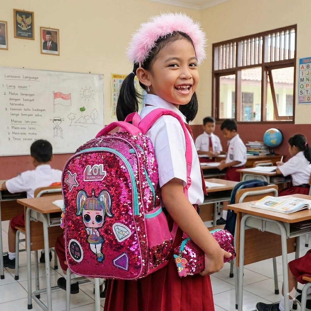 Tas Ransel Anak SD Sequin LOL Besar – Gliter Mengkilap, Lucu & Kekinian