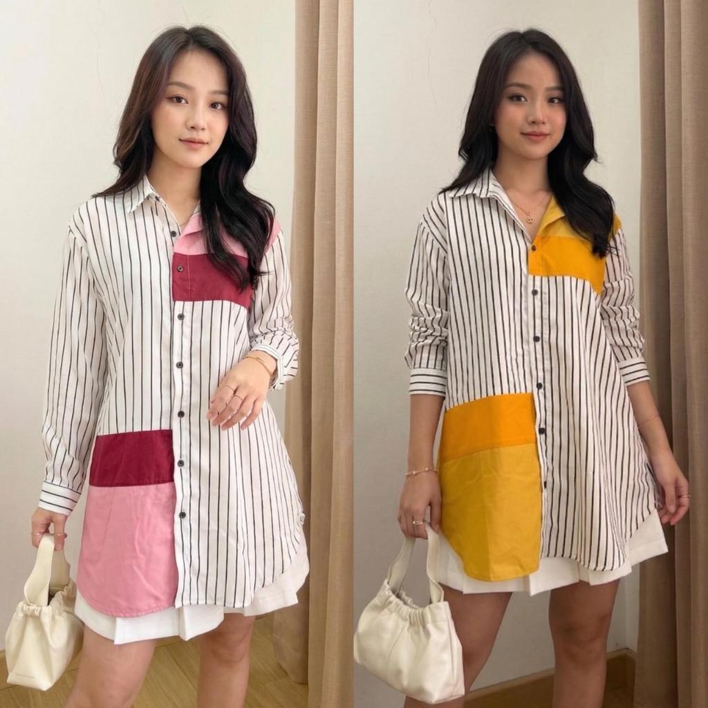 NANDO KEMEJA PANJANG LONG SHIRT KATUN SALUR KOMBINASI KATUN POPLIN FASHIONABLE 2819