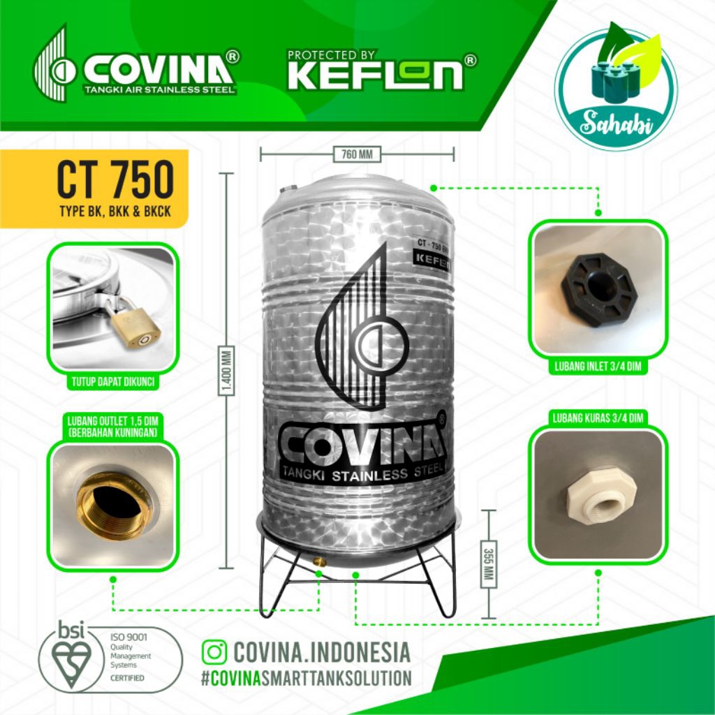 Tandon Air / Tangki Air / Toren Air Stainless Murah COVINA BK 750 Liter