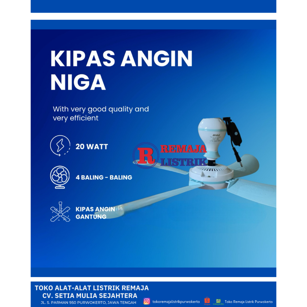 Fan Baling Vika / Niga Kipas Angin Gantung 4 Baling 20W | 25W