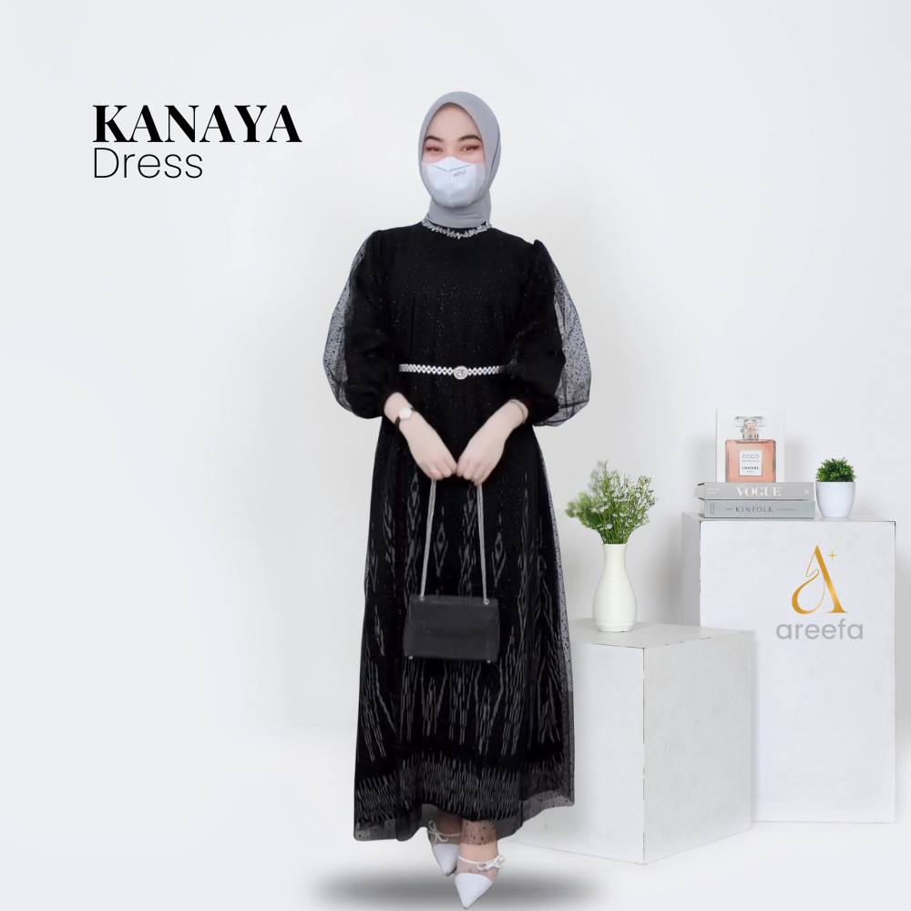Areefa - KANAYA Gamis Dress Tenun Etnik Kombinasi Tile Glitter Premium Wanita Remaja Kondangan Hitam