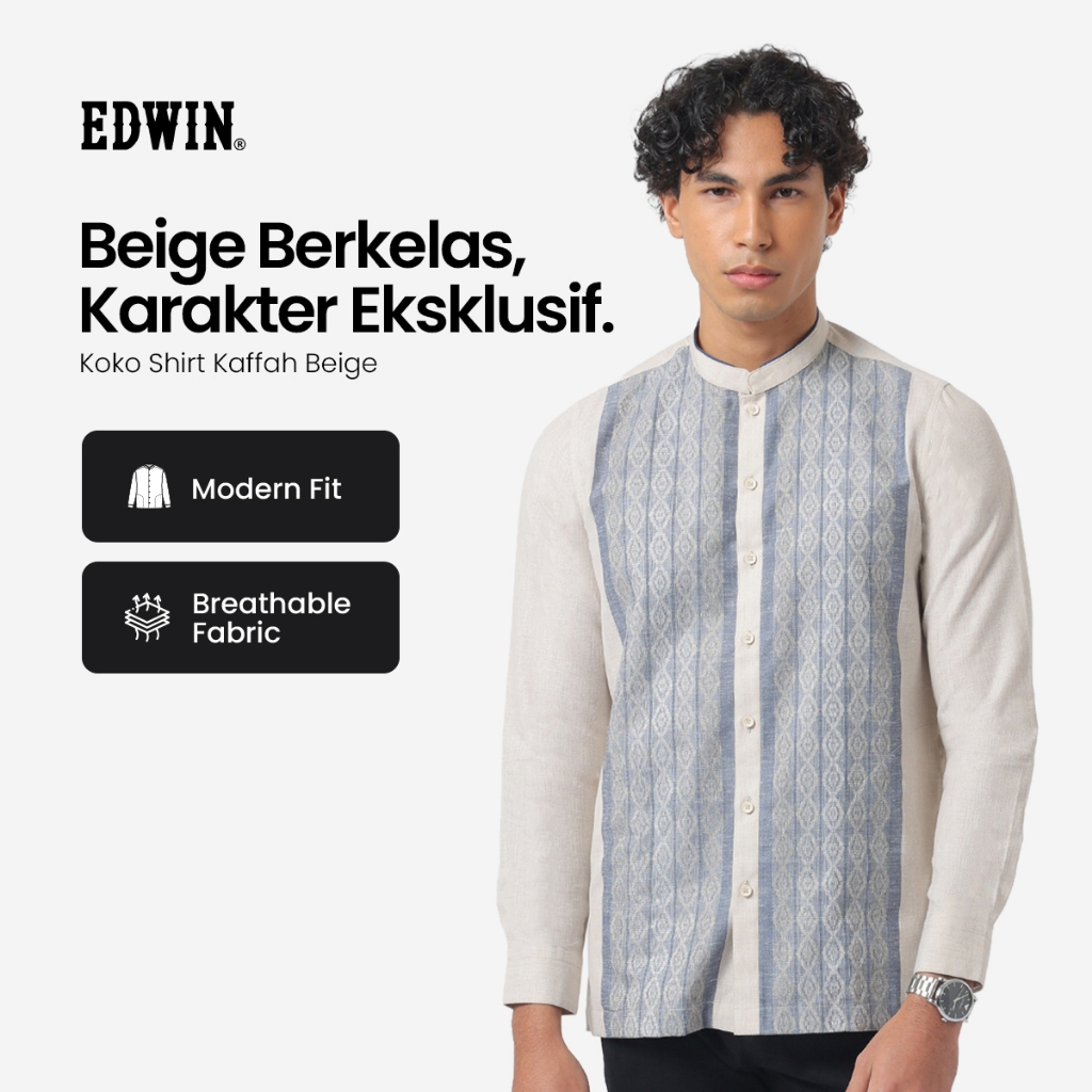 EDWIN JEANS - Kemeja Koko Pria Lengan Panjang KAFFAH BEIGE Baju Muslim Pria