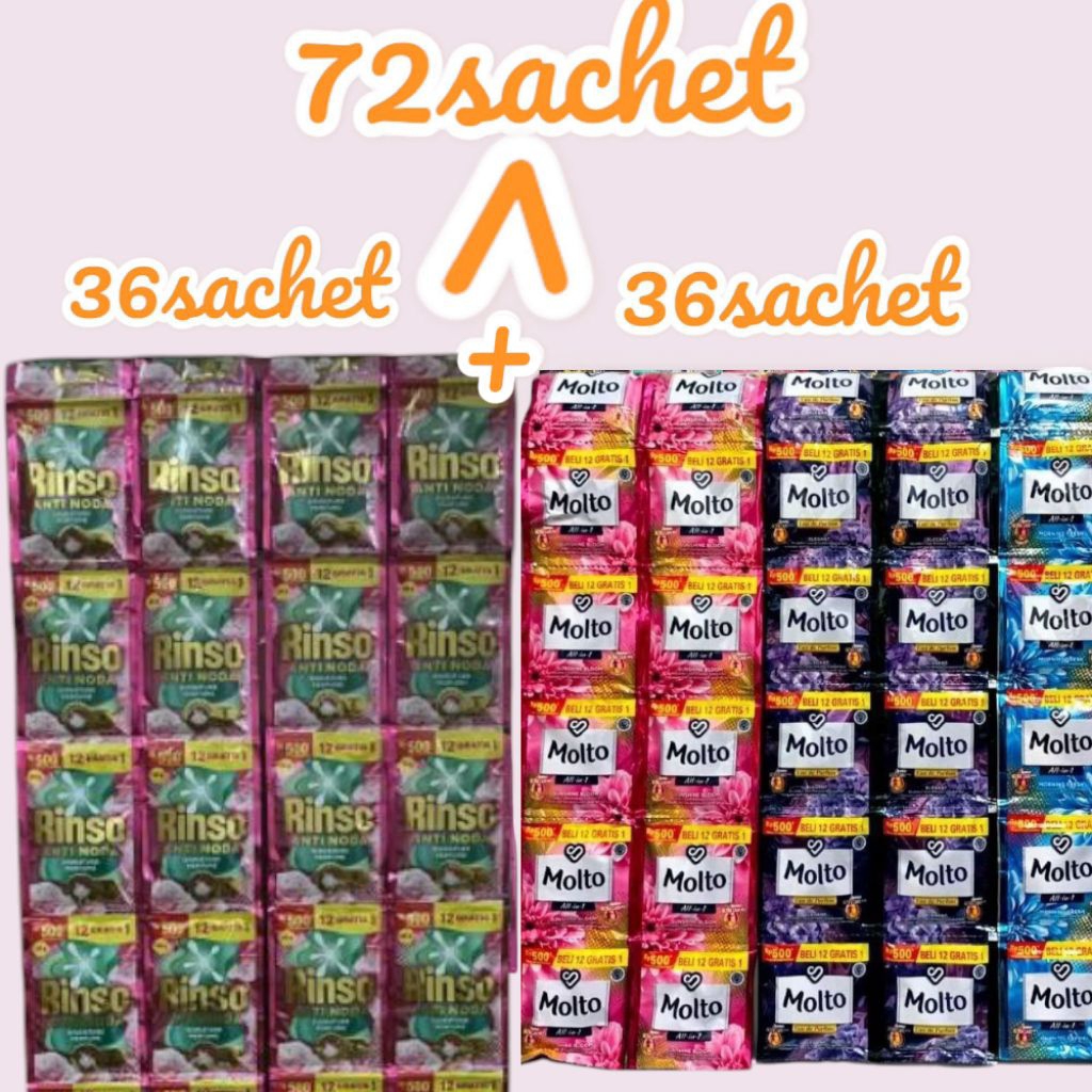 [72Sachet]Rinso Cair Kemasan Baru 20gr 36sachet+ 36 Sachet Molto 10ml Varian Random