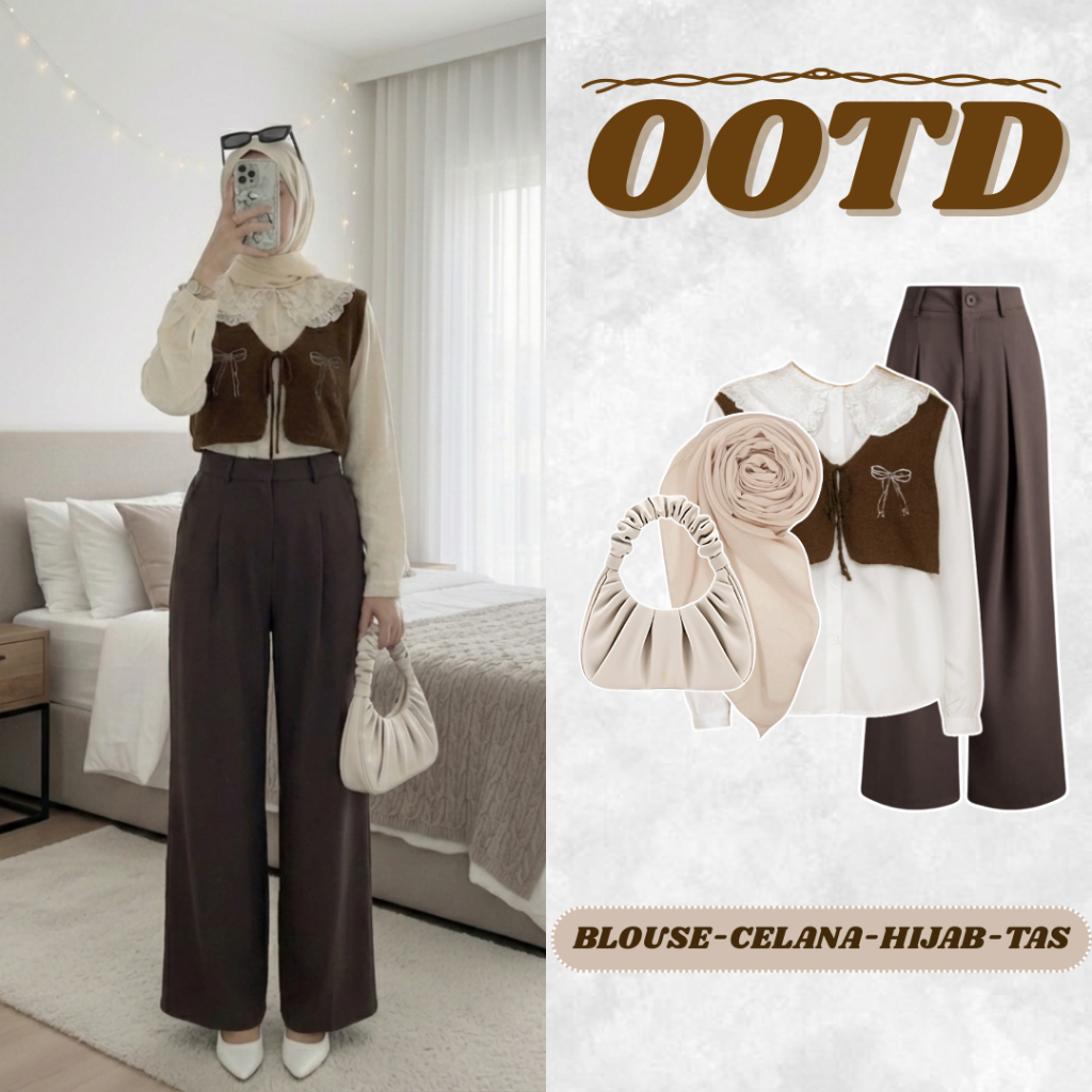 Outfit Hijab OOTD Kekinian Terbaru (BLOUSE-CELANA-HIJAB-TAS),Outfit Style Wanita Kekinian Korean MSB