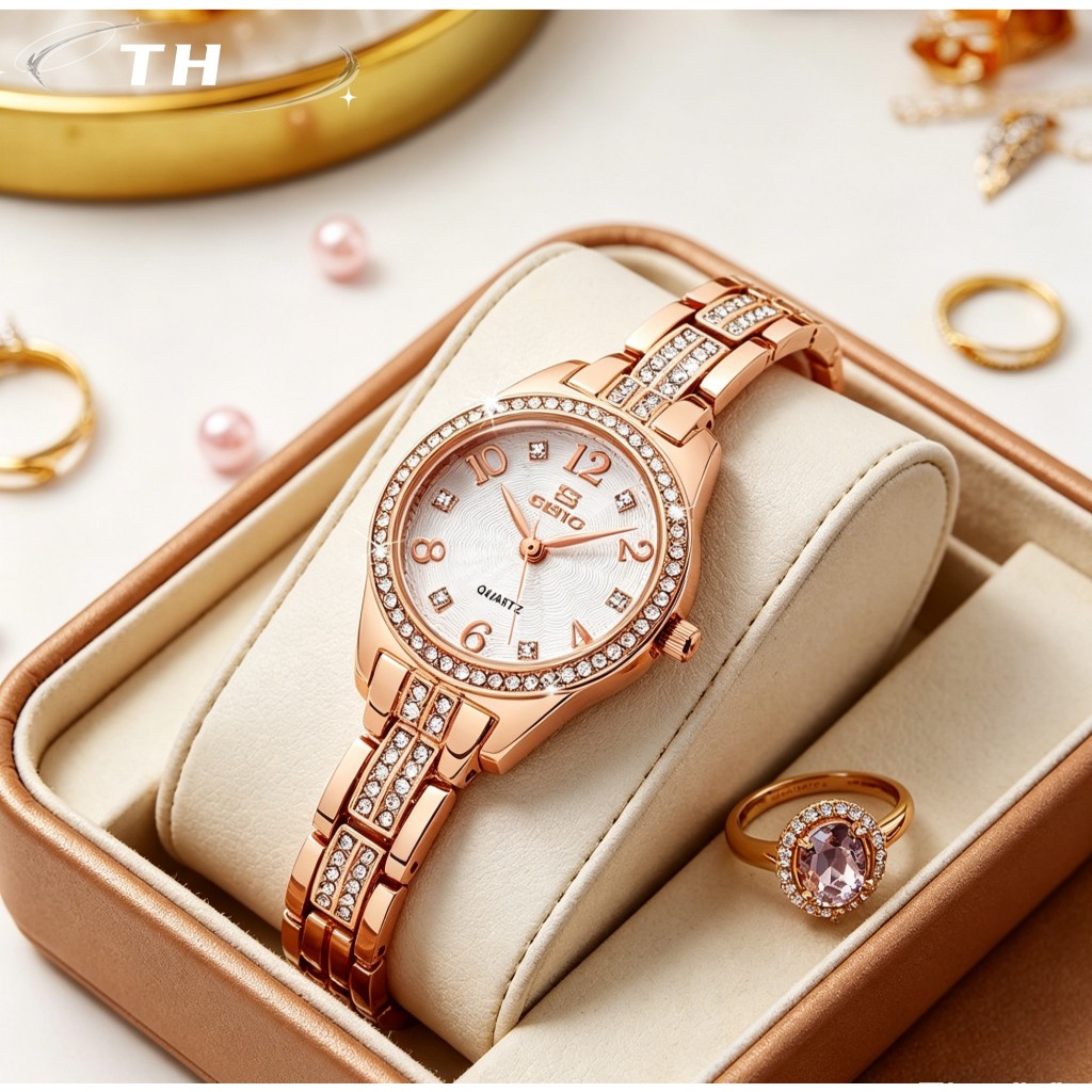 Hadiah untuk Teman & Ibu – Jam Tangan Wanita Asli Model Baru 2026, Jam Emas Kecil, Angka Menonjol, D