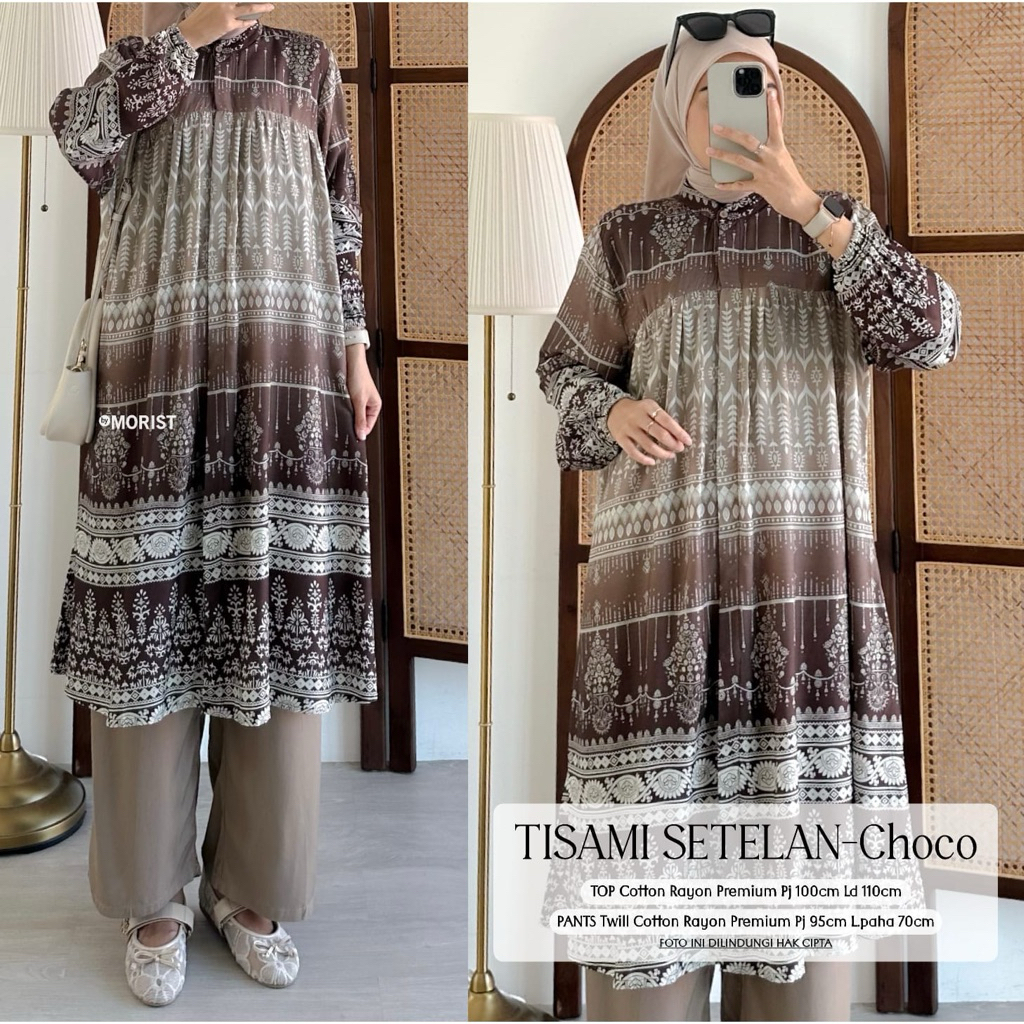 morist - ONESET SETCEL SETELAN ATASAN TUNIK MOTIF + CELANA POLOS WANITA ORIGINAL BY MORIST COTTON RA