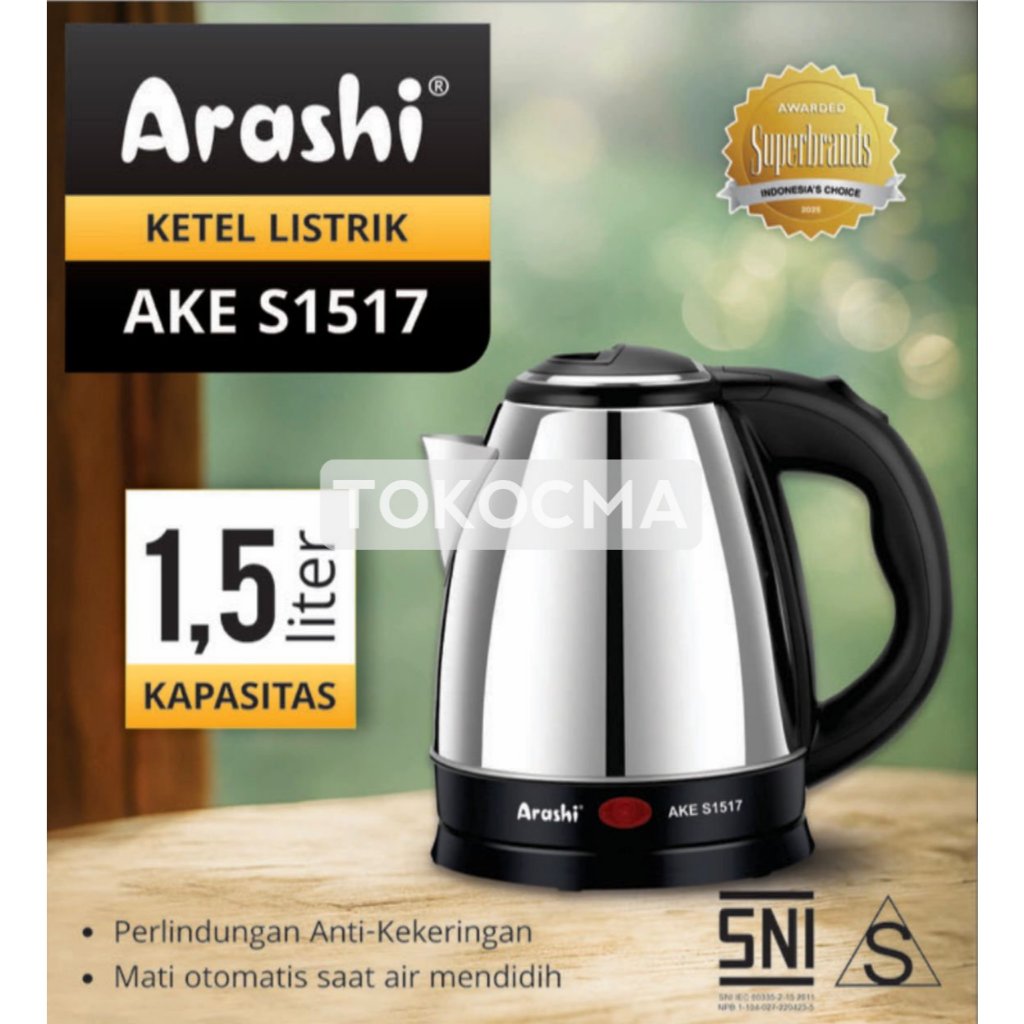 Arashi Kettle Listrik AKE S1517 1,5 Liter - Teko Pemanas Air Ceret Elektrik 350W Stainless Steel SNI
