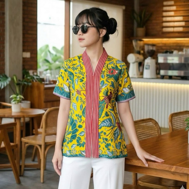 Shanaya Baju Batik Wanita Blus santika Batik katun handprint blouse premium warna kuning
