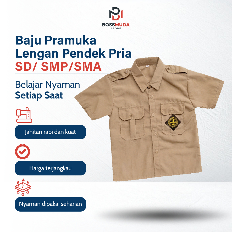 Baju Pramuka Pria Kemeja Coklat Lengan Pendek Bahan Katun Oxford Bordir Tunas Kelapa