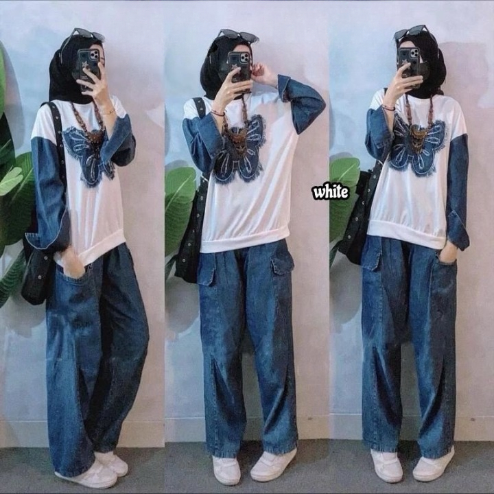Setelan Wanita Terbaru Kupu Set Denim WD Bahan Kaos Katun Combed Mix Jeans Size M L XL XXL XXXL One 