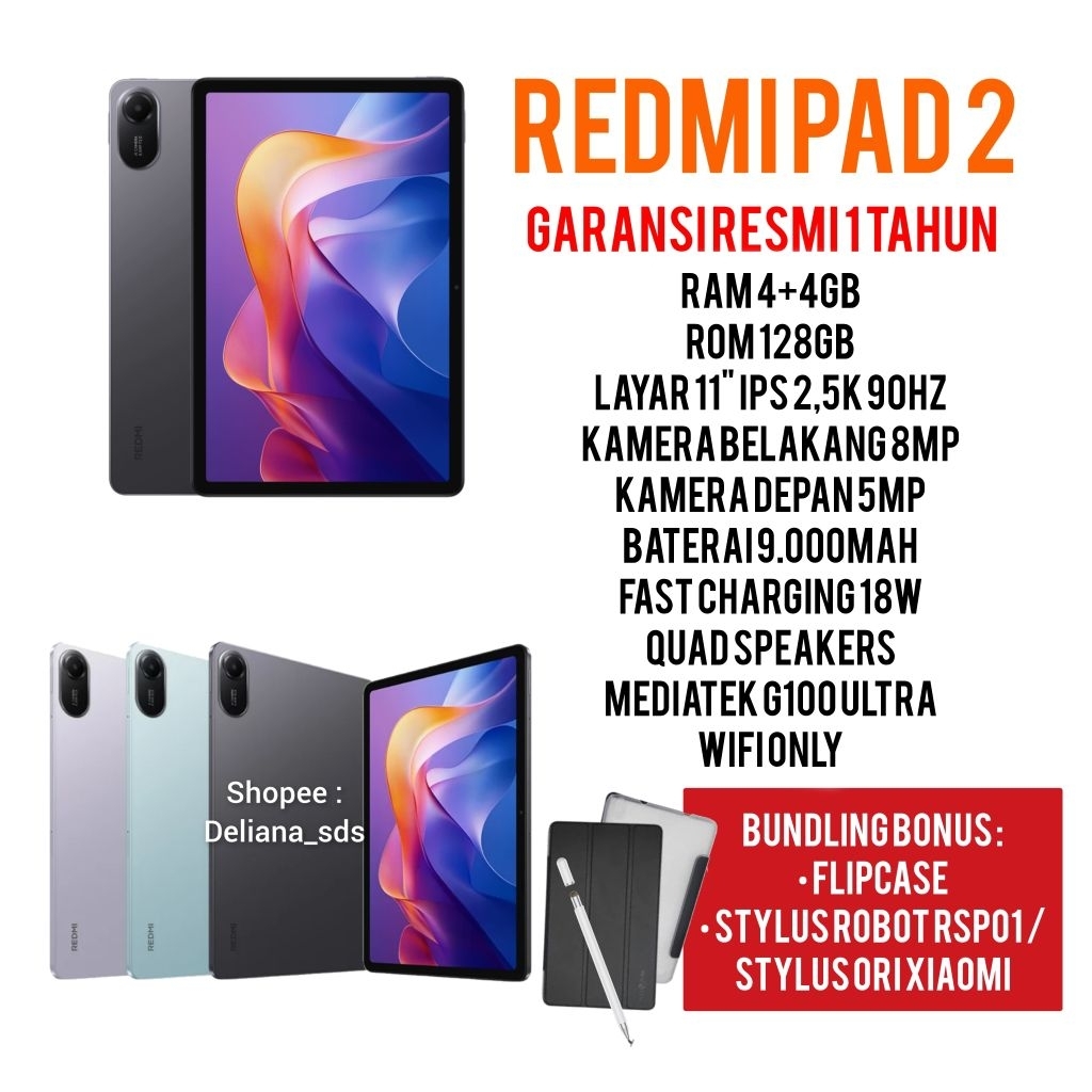 Redmi Pad 2 4/128 4+4/128 8/128 Wifi Only Garansi Resmi 1 Tahun RedmiPad 2 128GB Xiaomi Redmi Pad 2 