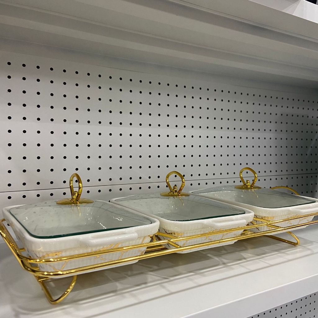 BASI FIORENZA MARMER PUTIH//Wadah Prasmanan Keramik 3 Sekat / Buffet Serving Set Gold / Chafing Dish