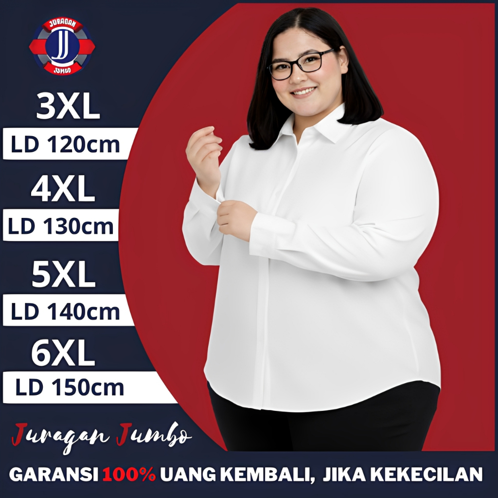 Kemeja Wanita Jumbo Lengan Panjang Putih Tidak Nerawang Big Size LD 120 130 140 150