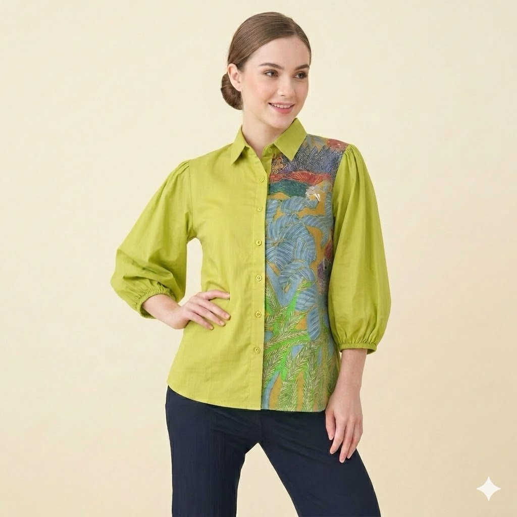 Shanaya Batik Blus Wanita Azura toyobo mix Batik Printing Rumput Blouse Kerja Cantik Elegan