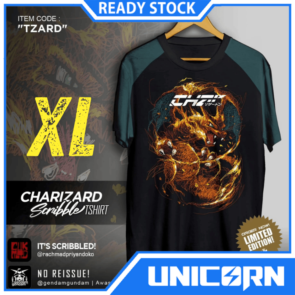T-Shirt Charizard Scribble Black - Size XL / Kaos Charizard Scribble Hitam Gendam Gundam Size XL