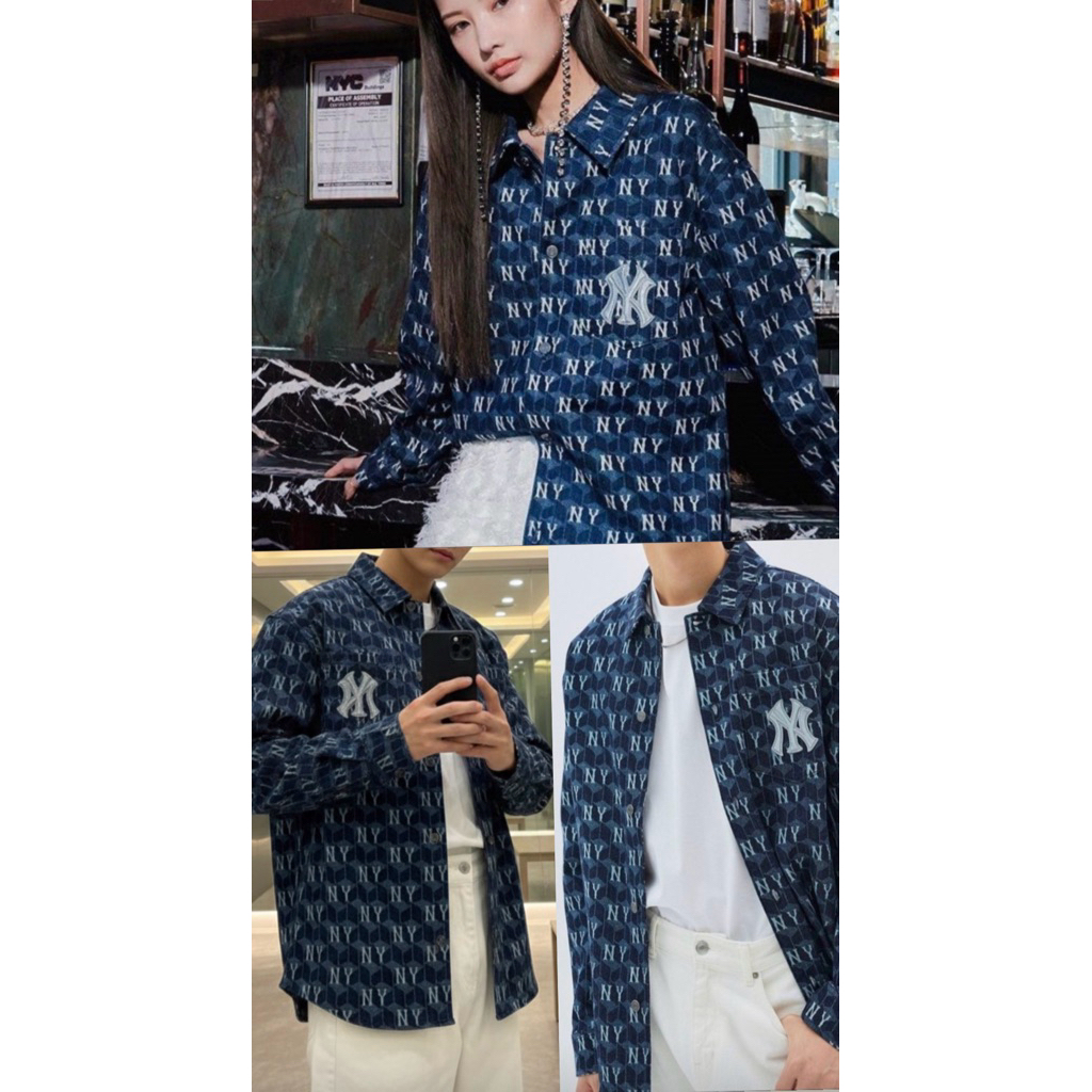 MLB NY Yankees FW22 Monogram Vintage Denim Jacket Unisex Couple Style Blue 3ADRM0224-50NYD