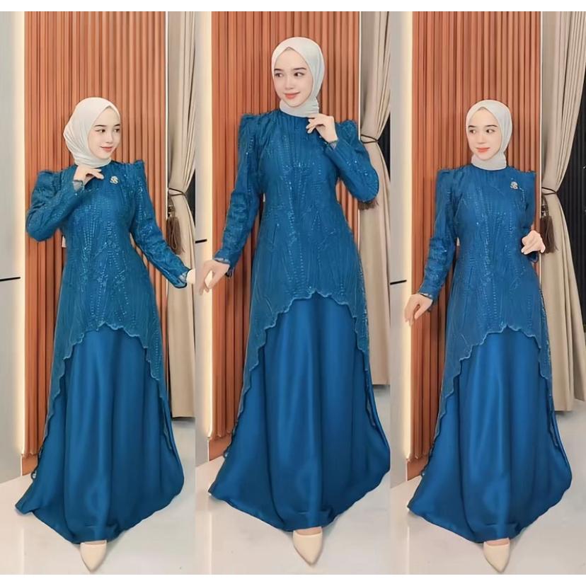 RMD Dress Kebaya Emerald Blue Baju Gamis Terbaru 2025 Dress Wanita Kekinian Gamis Pesta Mewah Elegan