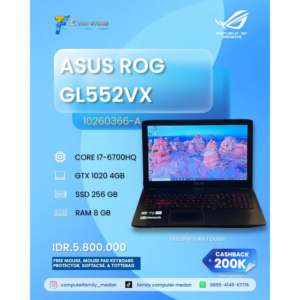 LAPTOP ASUS ROG GL552VX CORE I7-6700HQ RAM 8GB SSD 256GB NVIDIA GTX 1020 4GB