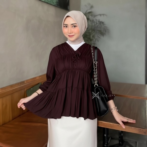 Mireya Blouse Kerut Dada Lengan Panjang Bahan Rayon Atasan Wanita Terbaru