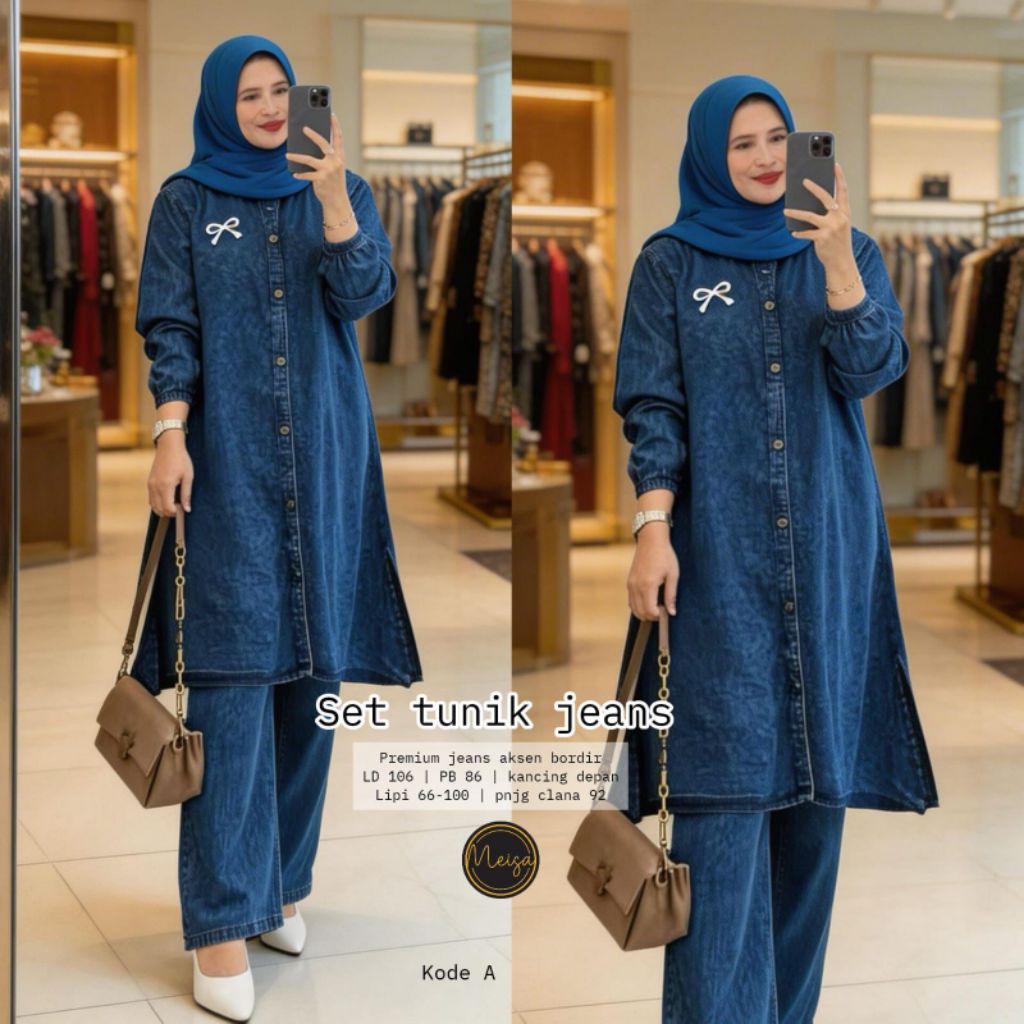 Set Tunik Jeans Setelan Wanita Kulot dan Long Tunik Jeans