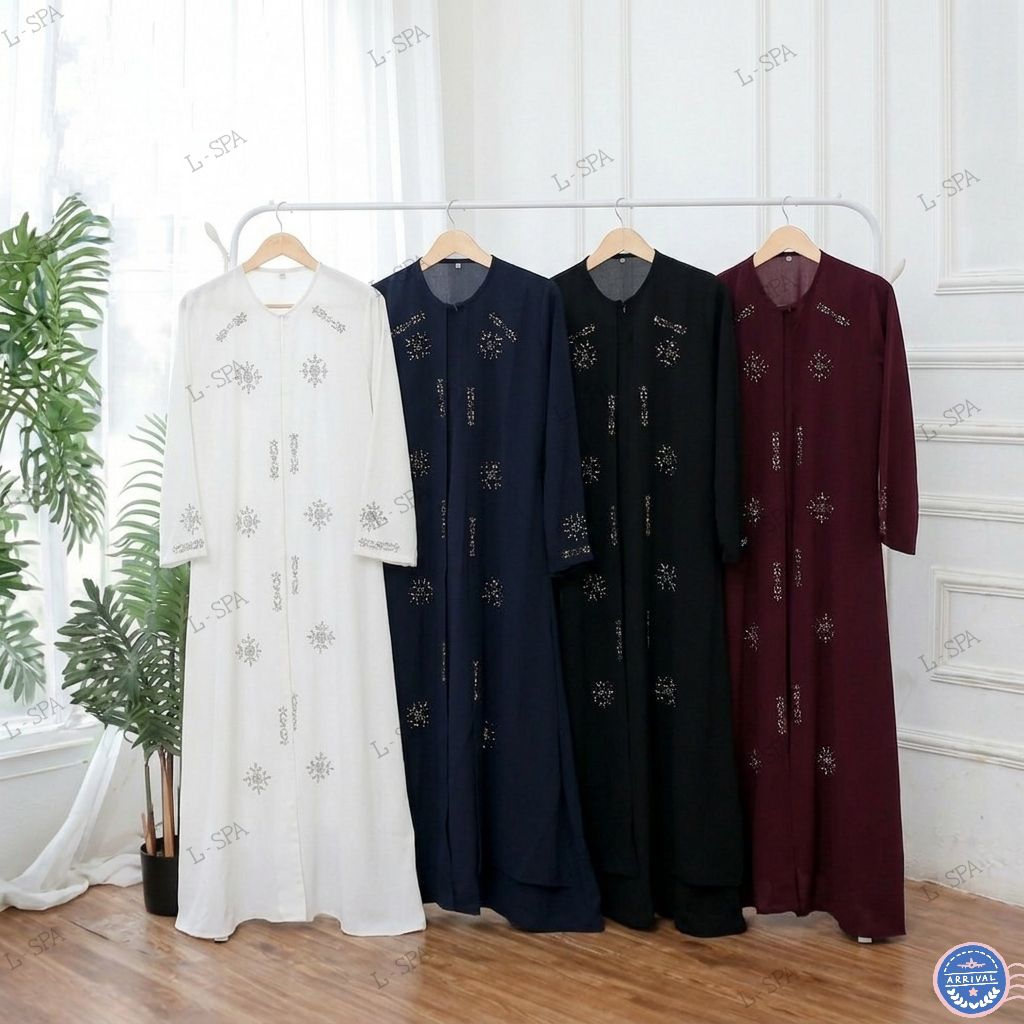 Dress Abaya Gamis Simple Mewah Elegan 2 Layer Mix Swarosky Bahan Sabrina Anti Uv Ukuran M-xxl