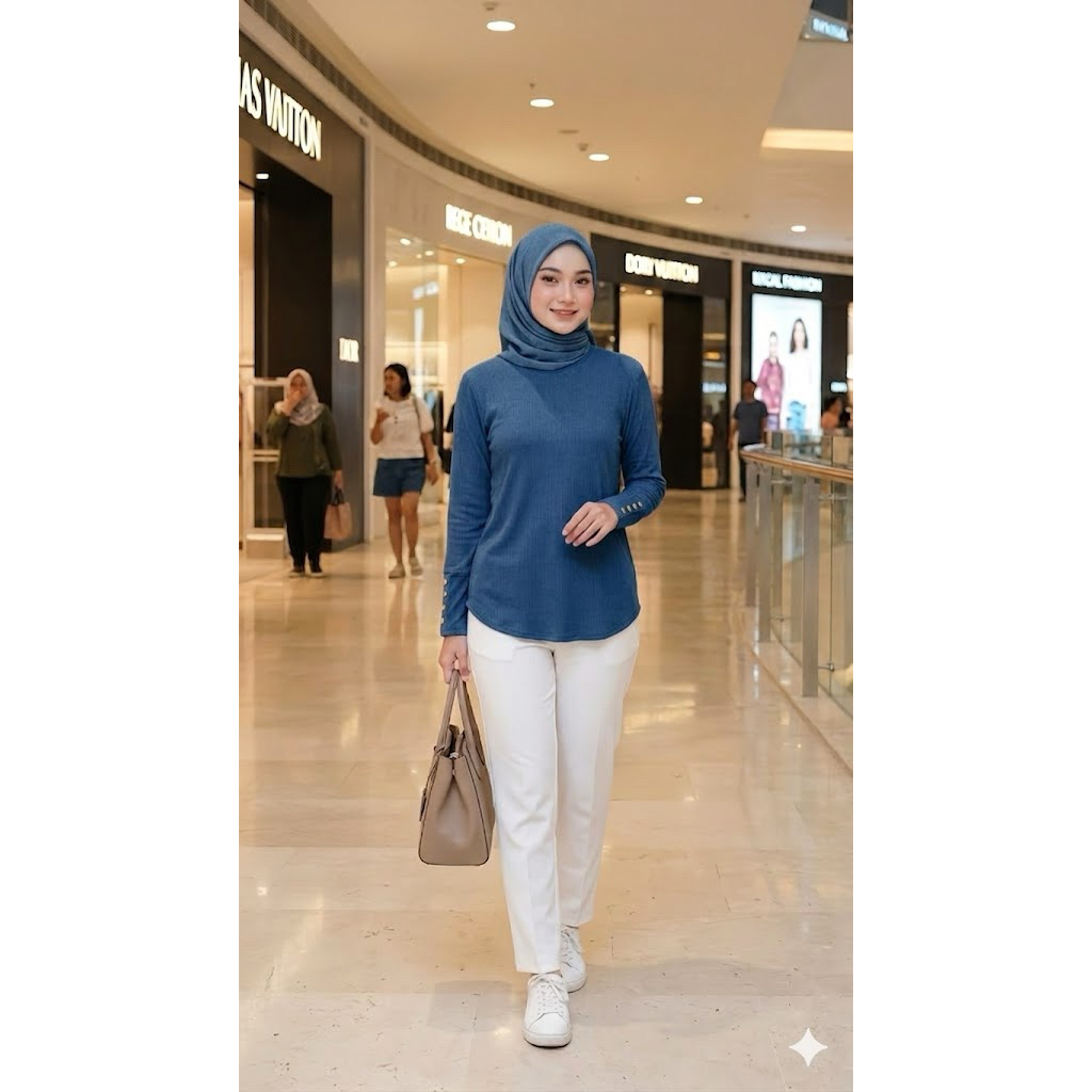 Blouse Rib Knit Kerah Bulat – Kaos Rib Panjang Wanita Lengan Kancing Gold