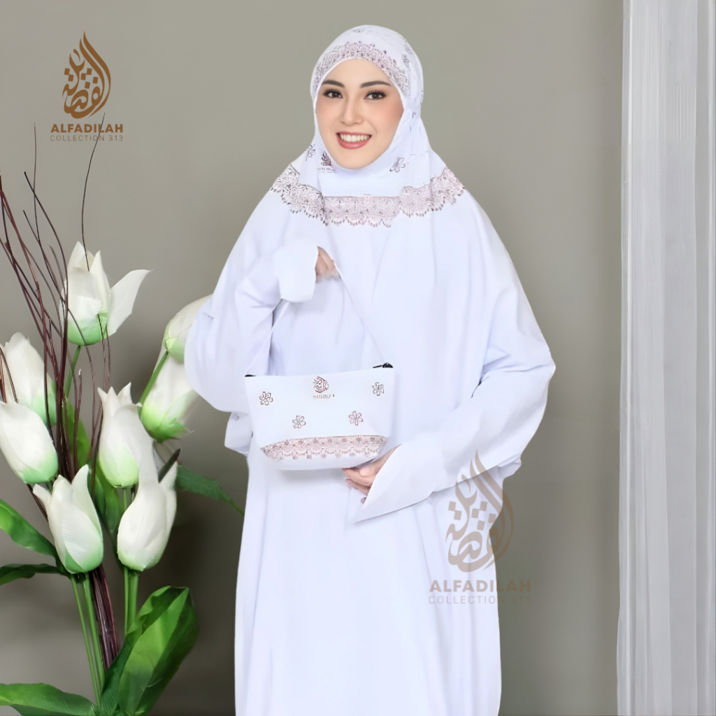 AL FADILAH - Mukena Terusan Dewasa Travelling Katun Premium Bunga Seroja Mukena Lajuran Putih