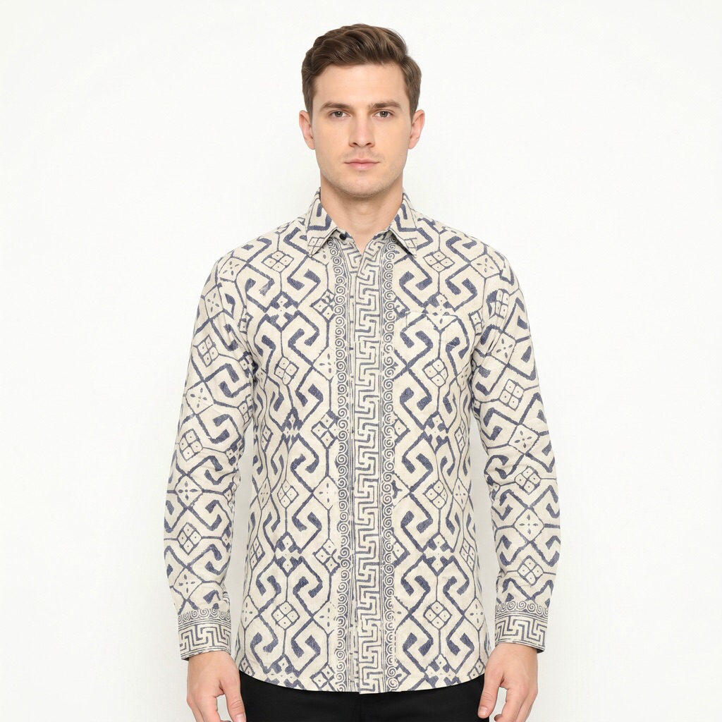 |Magnus| Kemeja Batik Pria Lengan Panjang Bahan Doby Sutra ATBM Lapis Furring Arrow Warna Putih Trib