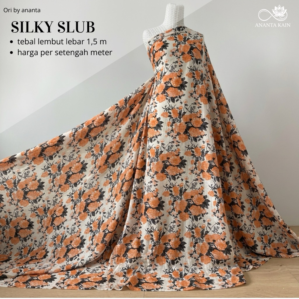 kain katun silky slub premium motif bunga orange