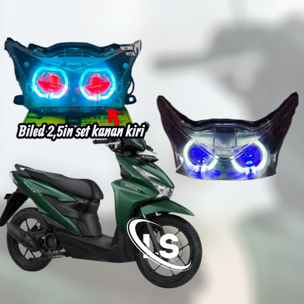 Reflektor Lampu Honda Beat Deluxe/ Strit 2024-2025 Gen 2 Custom Biled 2 Mata 2,5inFull Set Reflektor