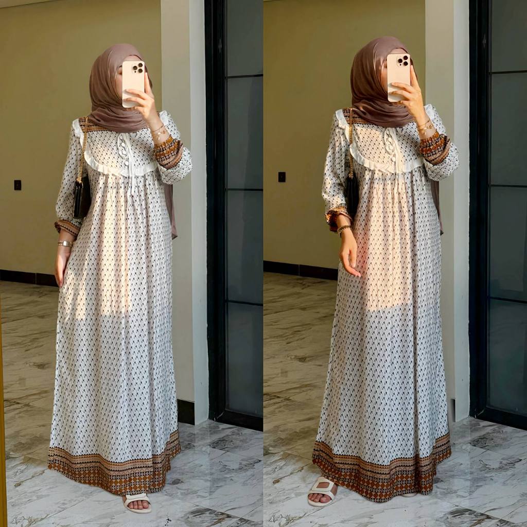Faradina Exclusive Raisa Dress Gamis Motif Premium Aksen Rempel List Button Kancing Bungkus Busui Fr