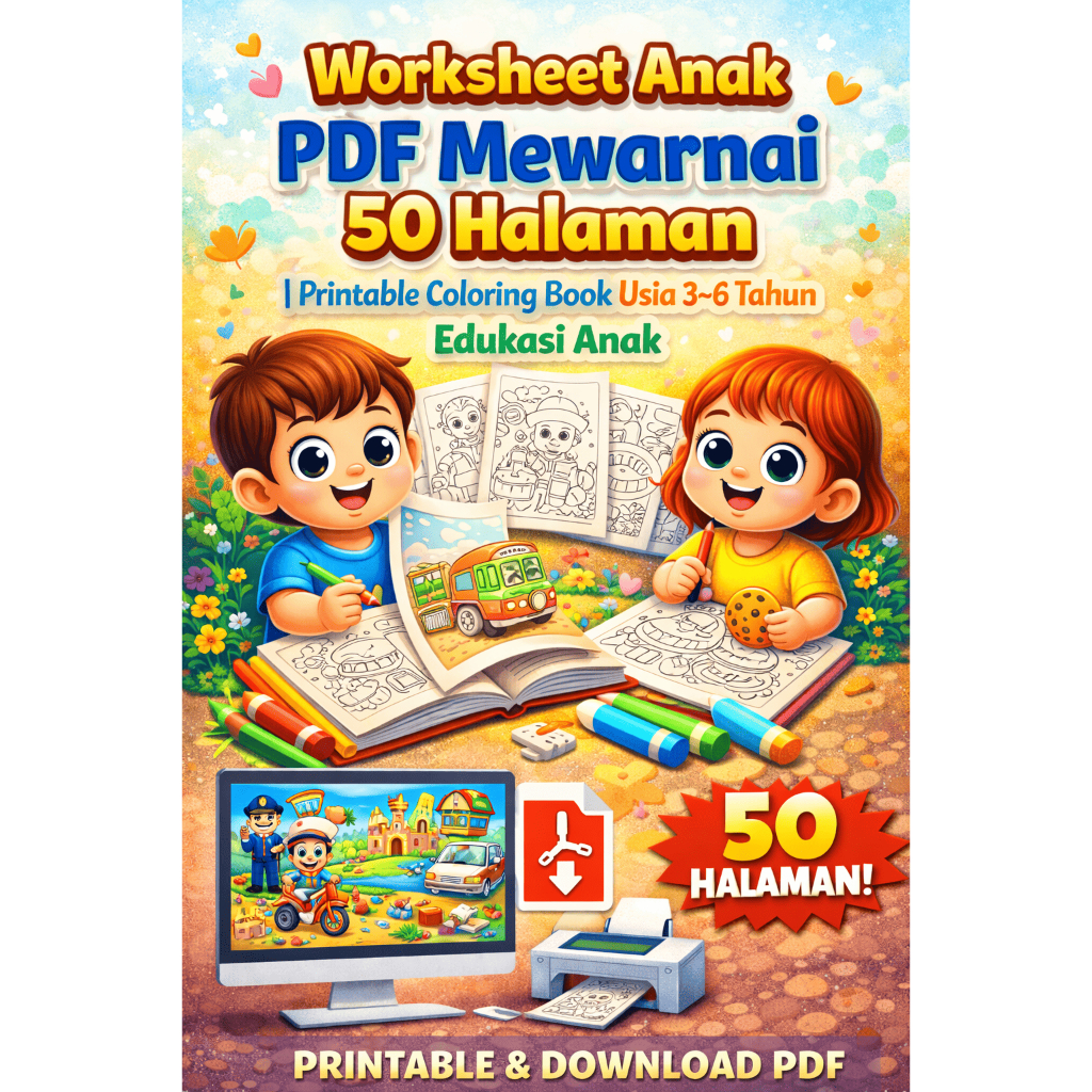 Worksheet Anak PDF Mewarnai 50 Halaman | Printable Coloring Book Usia 3–6 Tahun Edukasi Anak