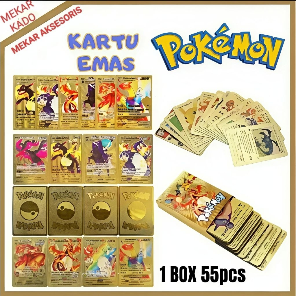 Kartu Pokémon/Naruto Bahasa Inggris 55pcs - Warna Emas/Hologram, Bahan Metal